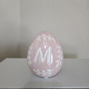 Pink Ceramic Decorative Egg with White Accents & A letter